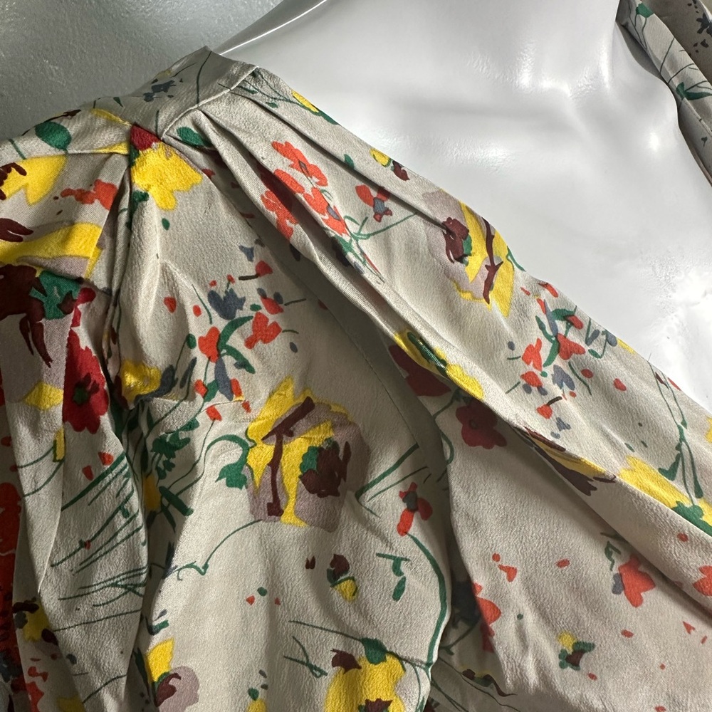 Baraschi 100% Silk Dress Floral Tie-Front Dress Gray Mini S - Picture 6 of 10